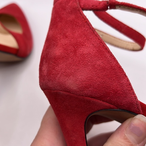 Jessica Simpson Red Strappy High Heels Stiletto Shoes Pumps Suede Leather Ankle - Picture 13 of 15